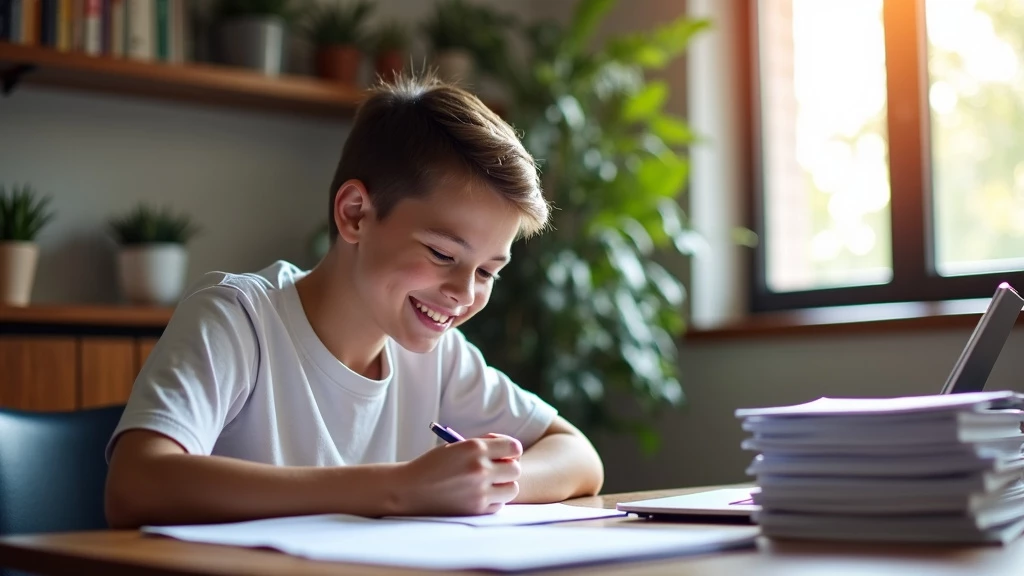 Student smiling while reviewing AI feedback on laptop with improved essays nearby in natural lighting.