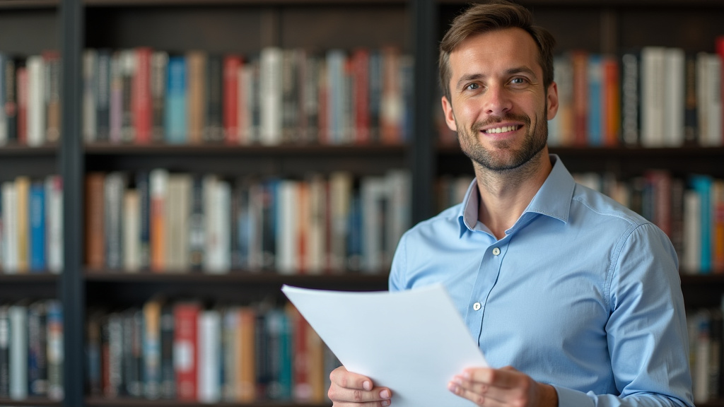Thoughtful professor examining AI essay review results with ethics textbooks visible in an office setting.