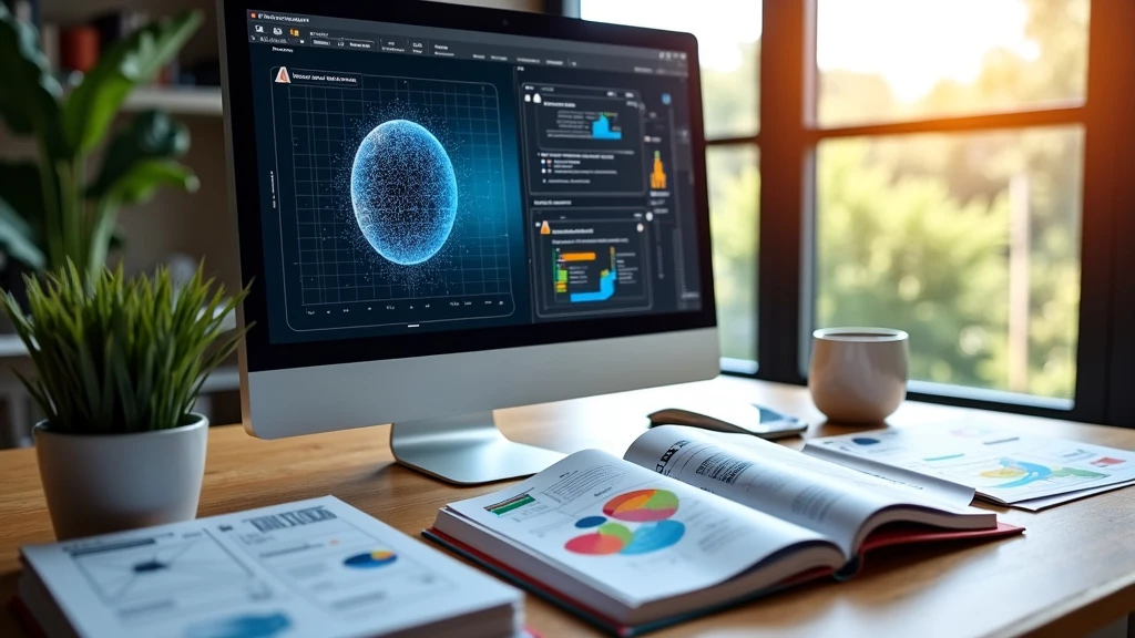 Writer using an AI tool on a computer while referencing physical books, showcasing a balanced approach.
