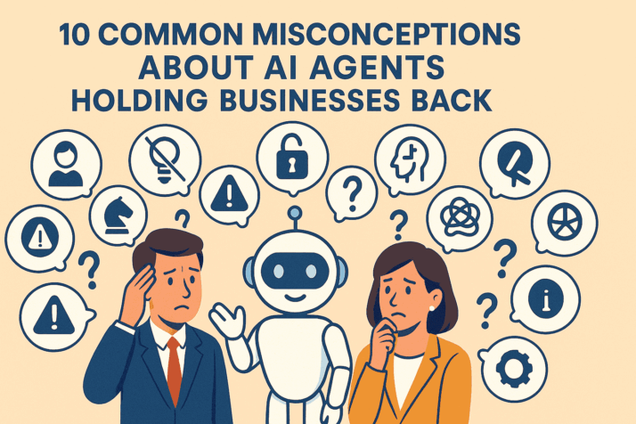 Friendly AI agent and business professionals with thought bubbles about AI agent misconceptions over their heads