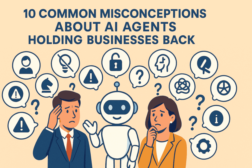 Friendly AI agent and business professionals with thought bubbles about AI agent misconceptions over their heads