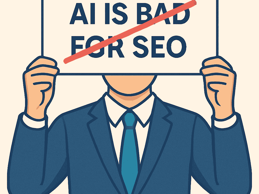 Illustration of a man in suit holding up a board with “AI IS BAD FOR SEO” struck through in bold red