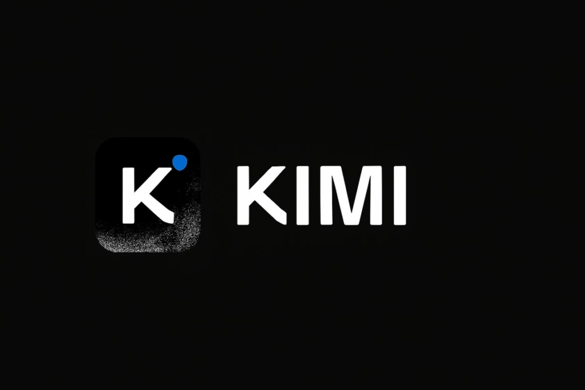 {"result":"KIMI logo and text with a stylized K in a rounded square icon, featuring a blue dot and a speckled texture, all against a black background."}