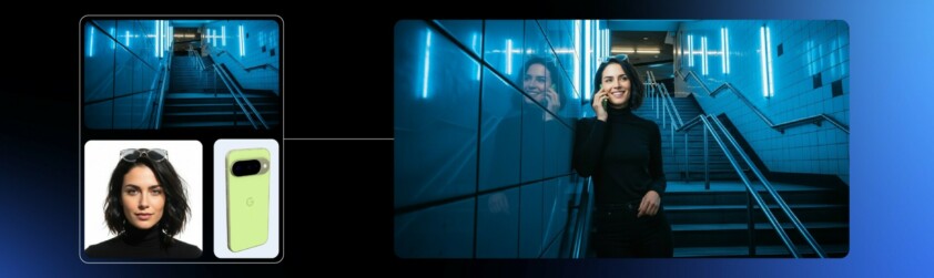 an edited image of a woman making a call