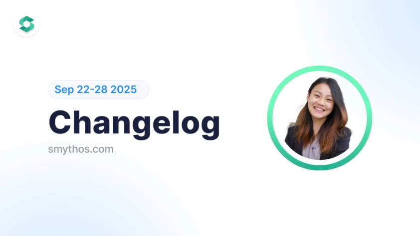 Changelog banner for smythos.com dated Sep 22-28 2025 with smiling woman in circular green frame on white background